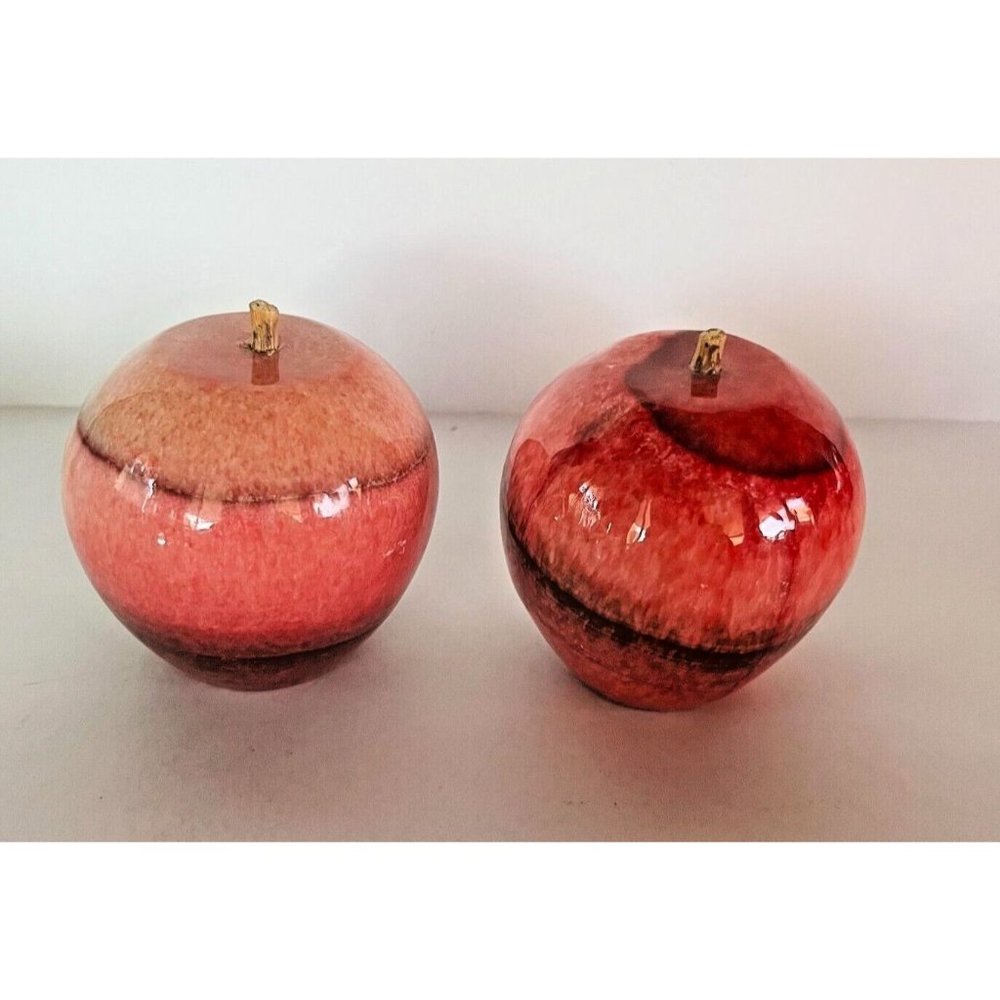Antique Apple Italian Alabaster Stone Set of 2 Fruit Carved Marble 3" Woodstem